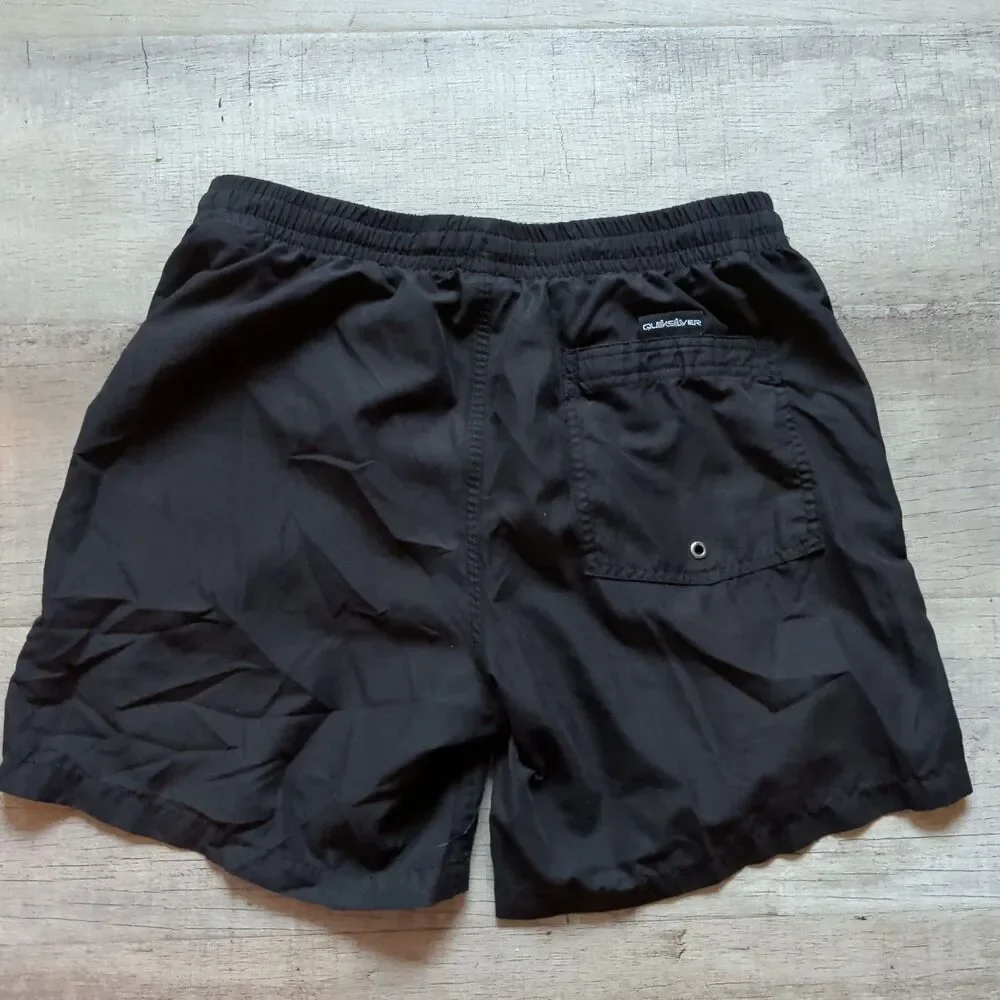 ​Quiksilver Mens Black Elastic Waist Drawstring Swim Trunks Board Shorts M Lined